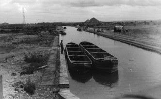 Cannock Extension Canal, B.C.N. Looking eastwards from Churchbridge Top Lock. Site of subsidence into open coal workings (R.H. side) 1955.