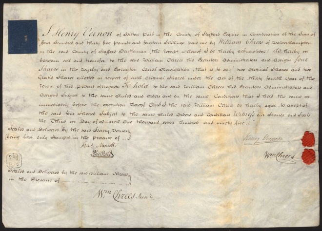Wyrley and Essington Canal Co., a handwritten transfer certificate for 4 shares, 1795, between Henry Vernon and William Chrees , large format, on vellum, wax seals and handsigned by all parties.